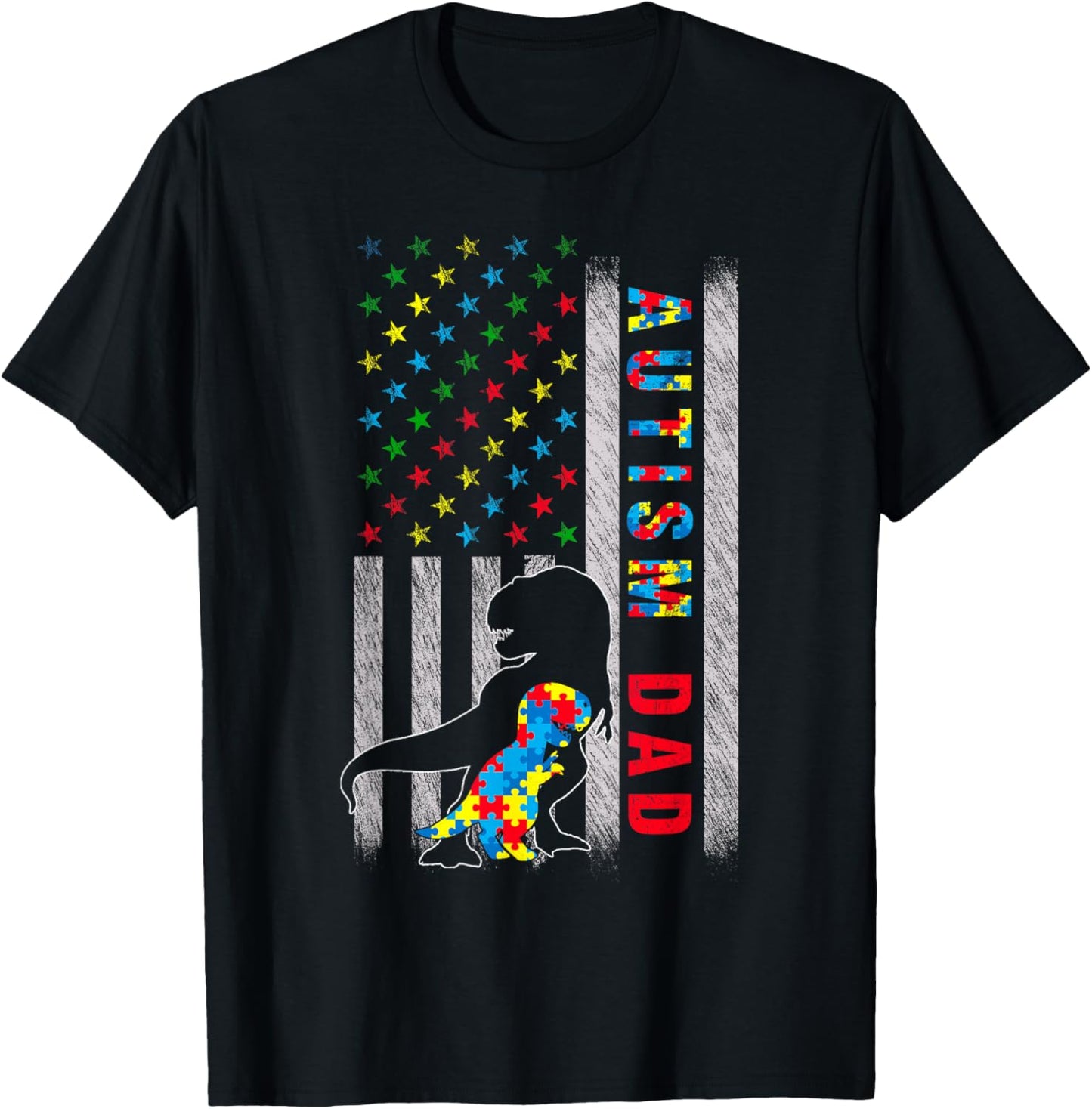Autism Dad US Flag Dinosaur Autism Awareness T-Shirt