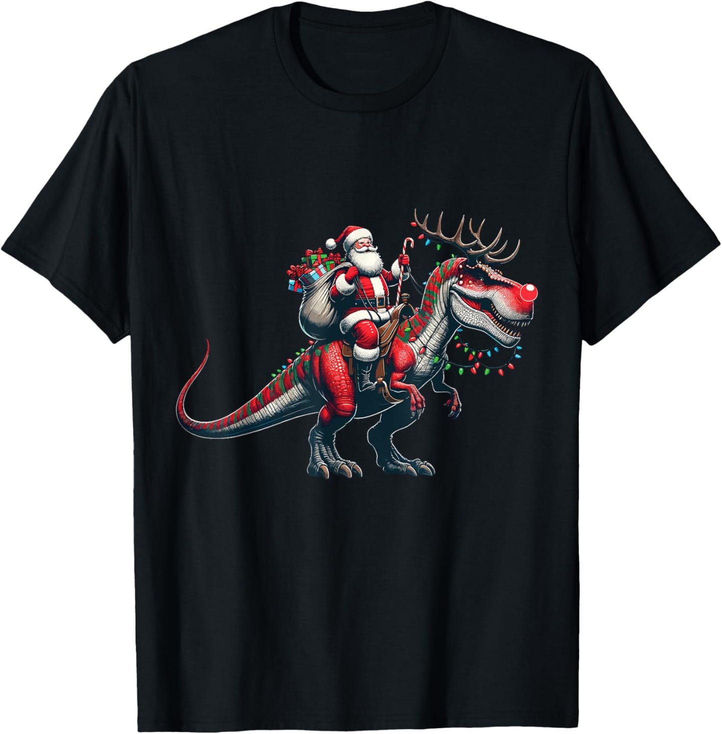 Christmas Shirts Funny Santa Riding A Reindeer Dinosaur T-Shirt