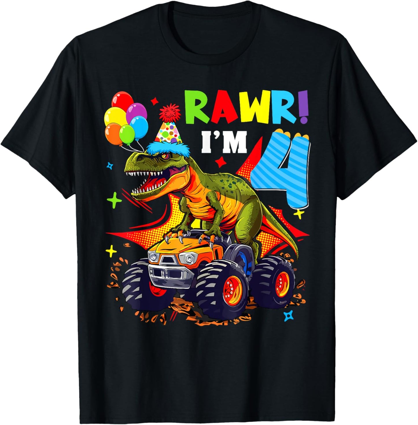4th Birthday Monster Truck Dinosaur Party Boys Rawr I'm 4 T-Shirt