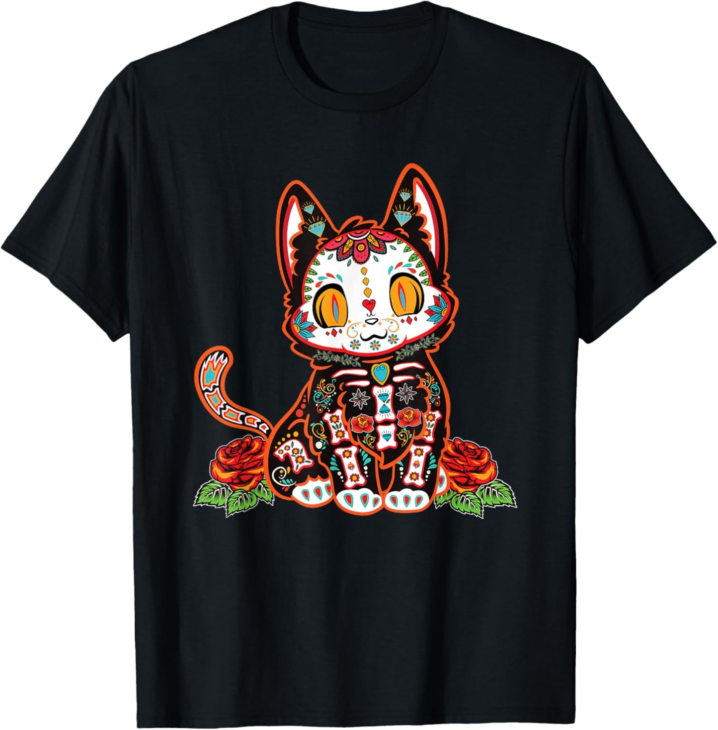 Calavera Cat Colorful Kitty Cute Dia De Los Muertos Gato T-Shirt