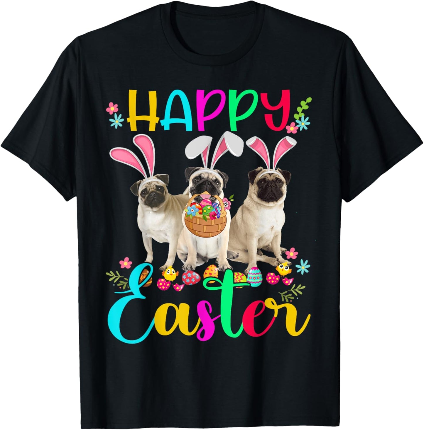 Happy Easter Three Pug Wearing Bunny Ear Pug Lover T-Shirt