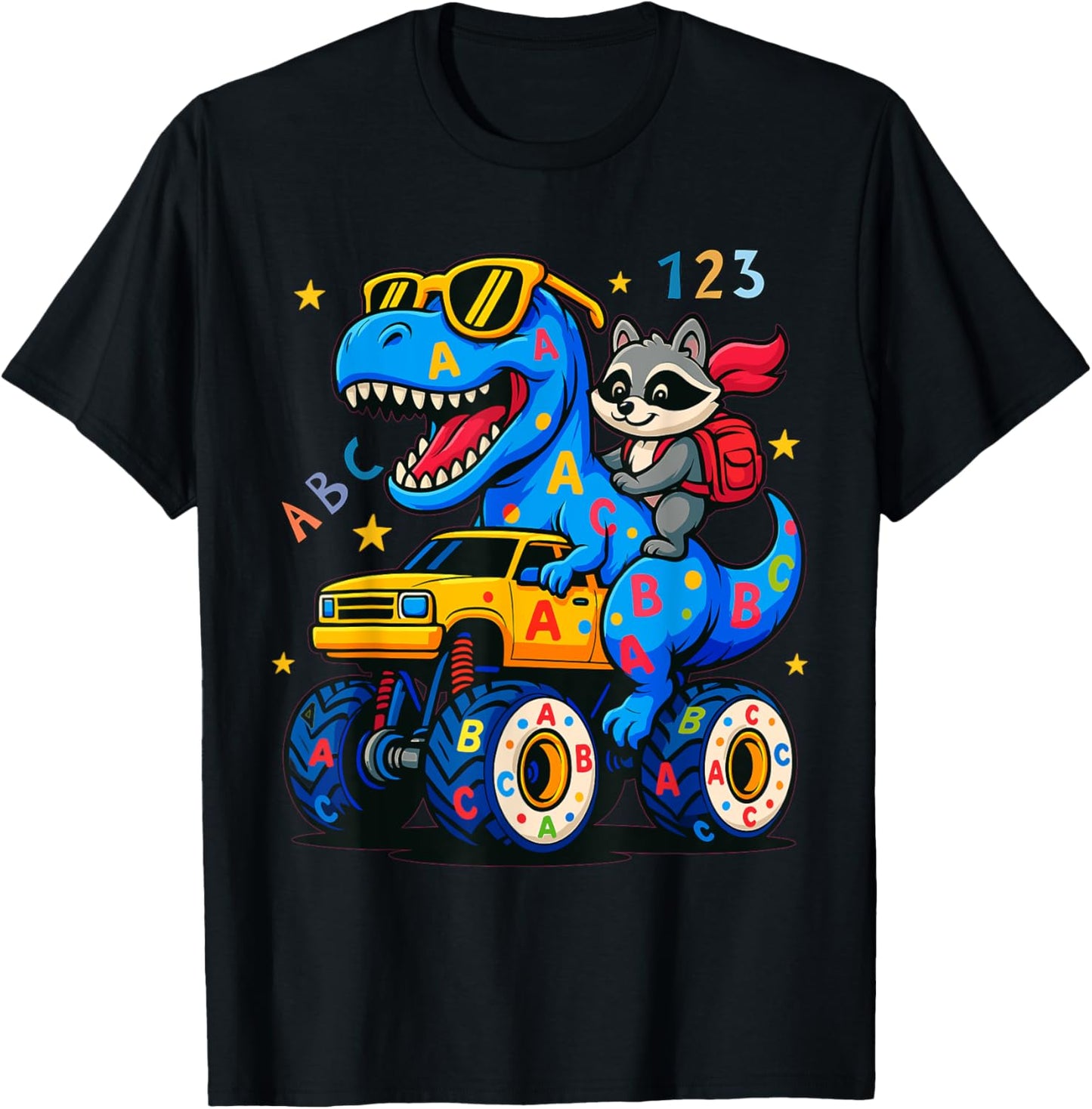 Monnster Truck Raccoon Riding Dino Back to School Funny ABC T-Shirt