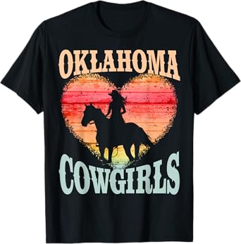 Oklahoma Cowgirls Girl Riding Horse Silhouette Ombre Heart T-Shirt