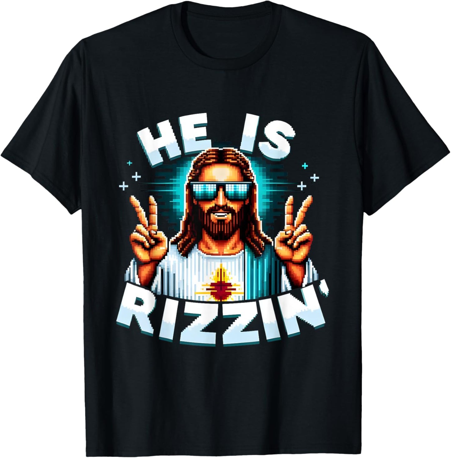 He Is Rizzen Jesus Has Rizzen Retro Christian Pixel Gaming T-Shirt