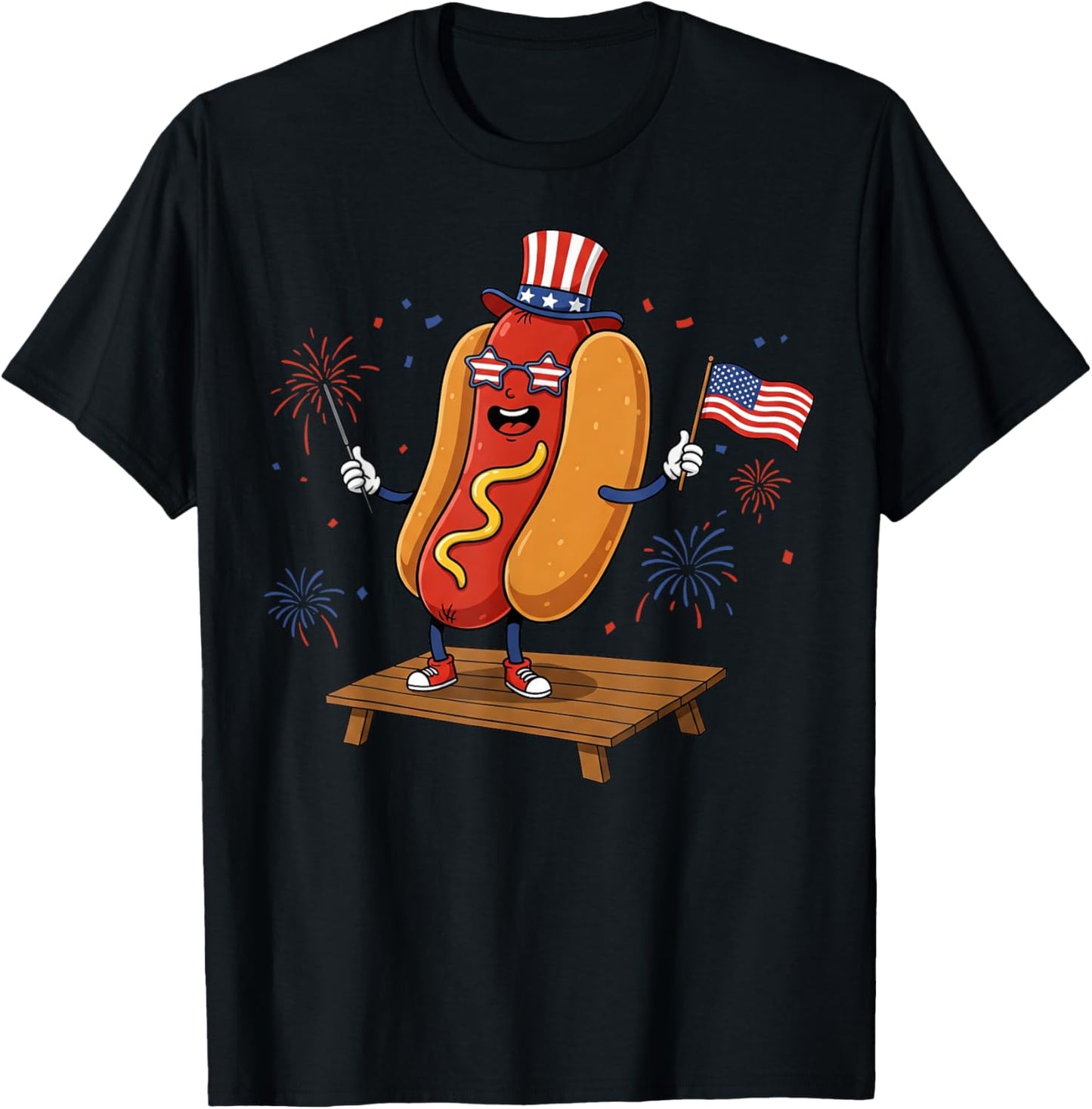 Patriotic Hot Dog 4th of July USA Flag Sam Hat Fireworks T-Shirt