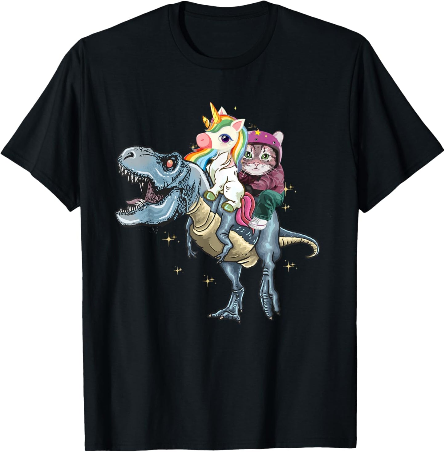 T-Rex Dinosaur Riding Unicorn Rainbow Funny Cat Lover T-Shirt