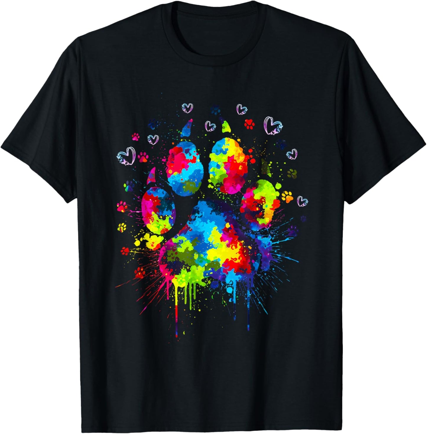 Womens Colorful Dog Paw Heart Print T-Shirt
