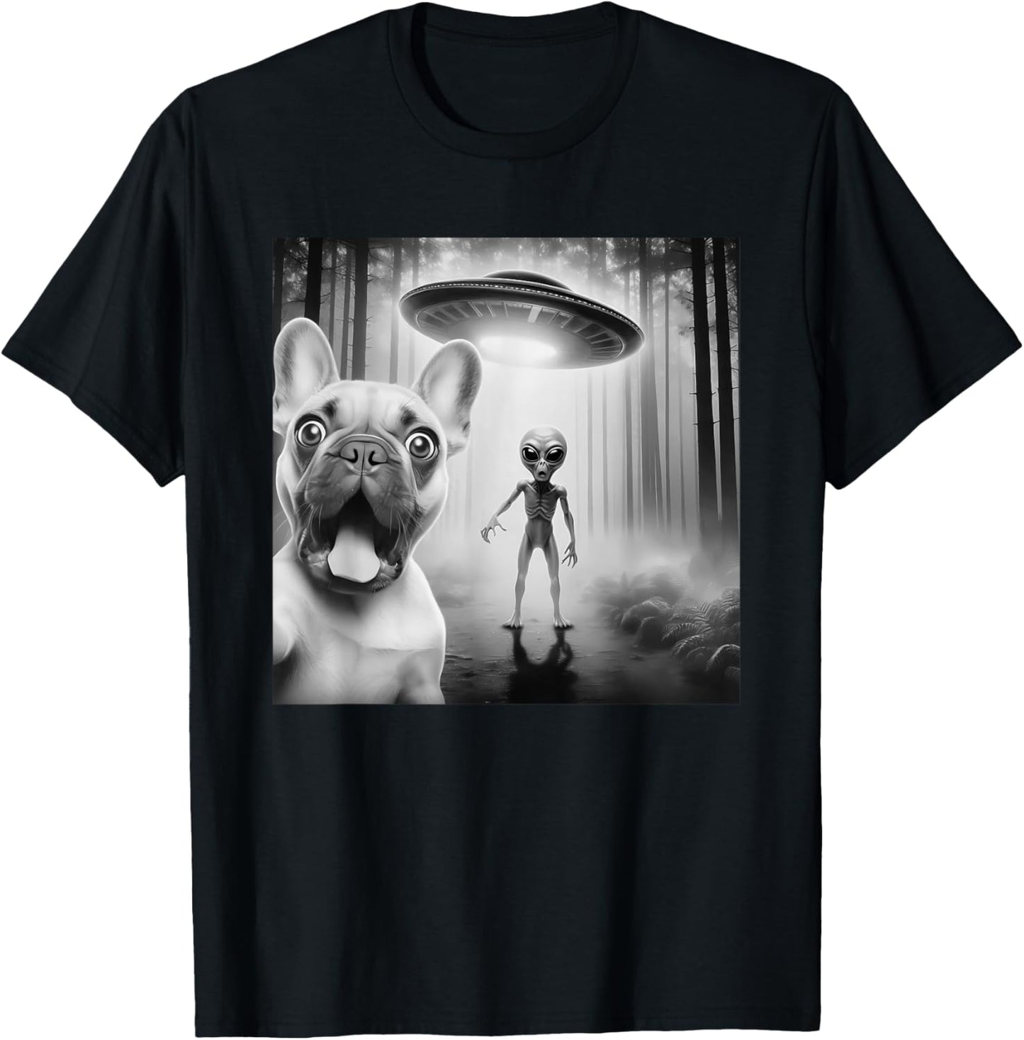 Funny French bulldog surprised Selfie with alien UFO T-Shirt