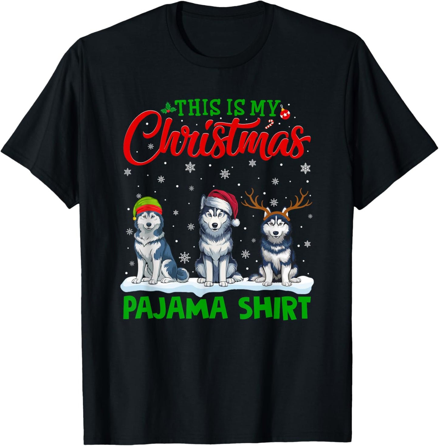 Xmas Santa Hat Reindeer Siberian Husky Dog Christmas Pajama T-Shirt