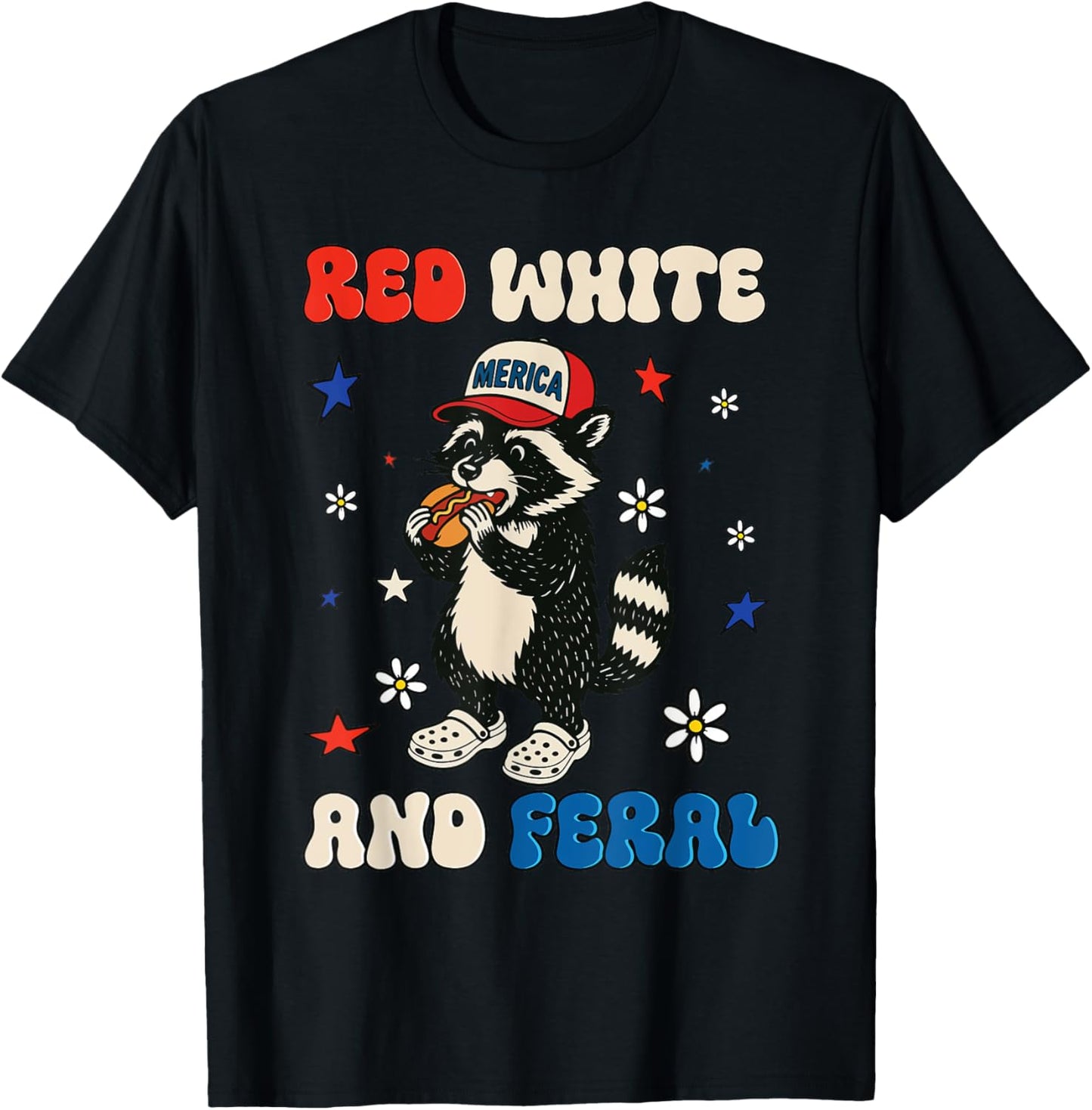 Red White and Feral Funny Raccoon 4th of July Boys Girls T-Shirt