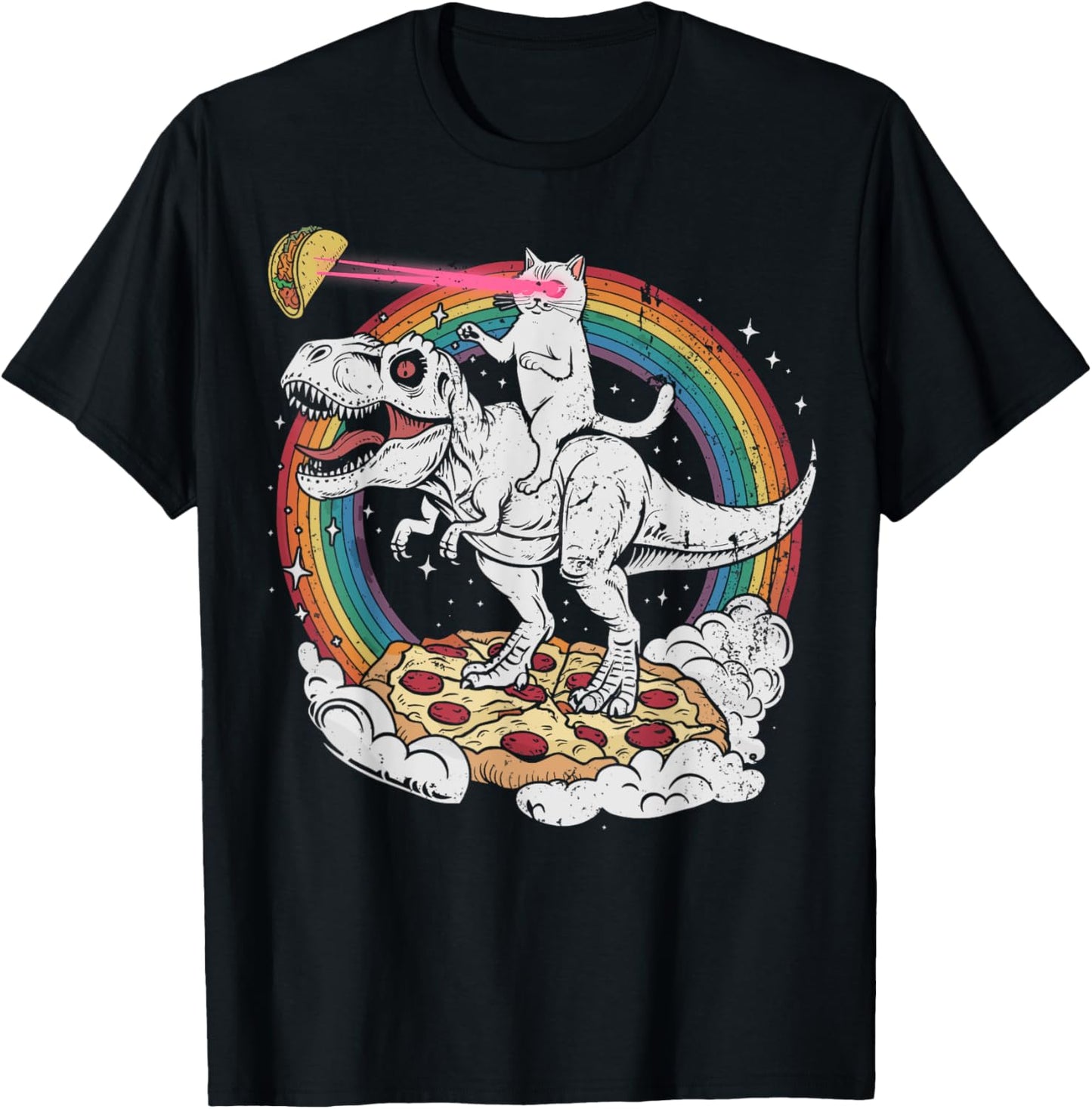 Cat Riding Dinosaur T-Rex & Rainbow Taco Pizza Lover Space Men Women Girls Kids T-Shirt