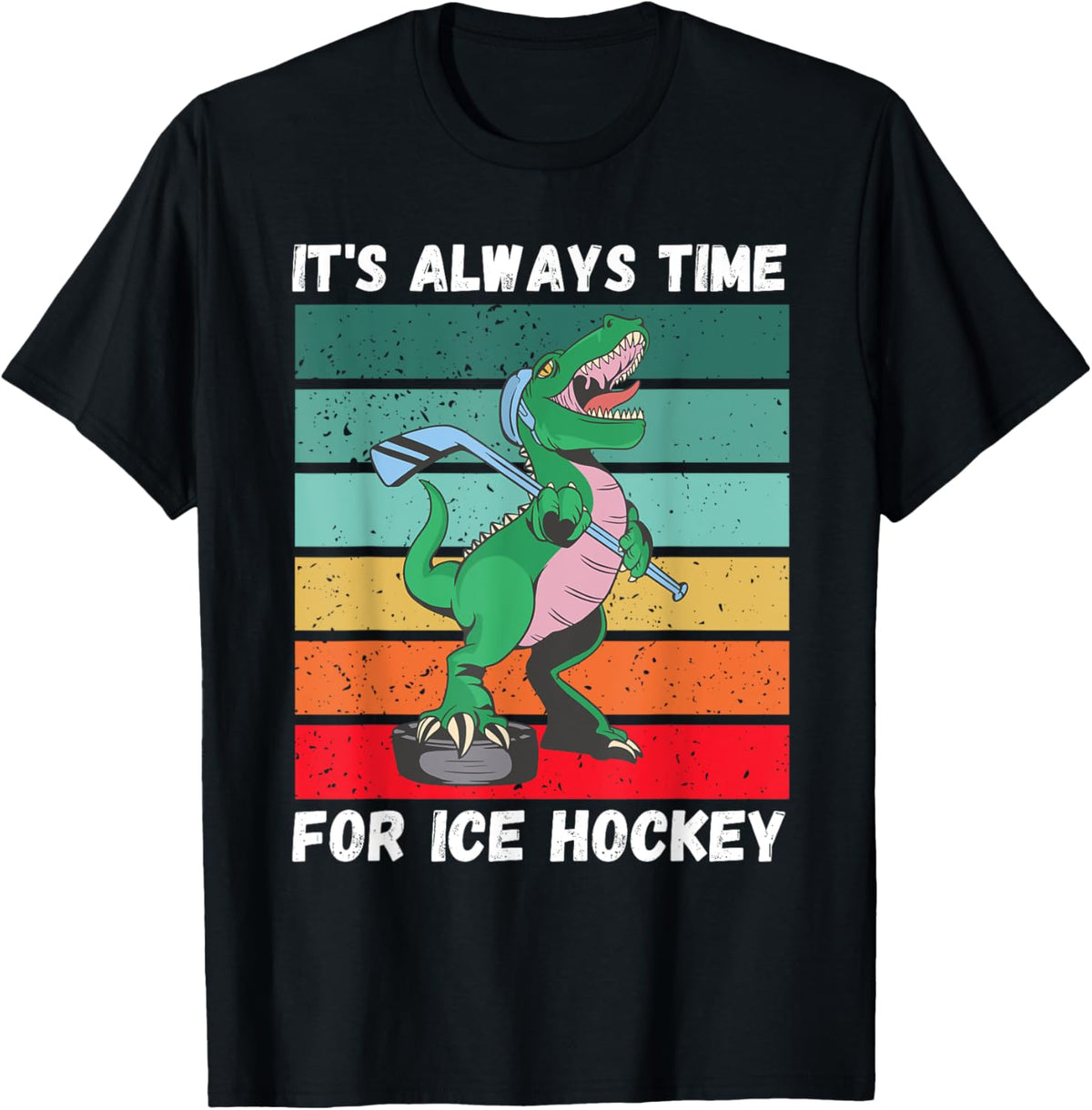 Vintage Dinosaur It's Always Time For Ice Hockey T-Shirt - Black, Small - Unisex-Adult, Short Sleeve, Crew Neck, Regular Fit