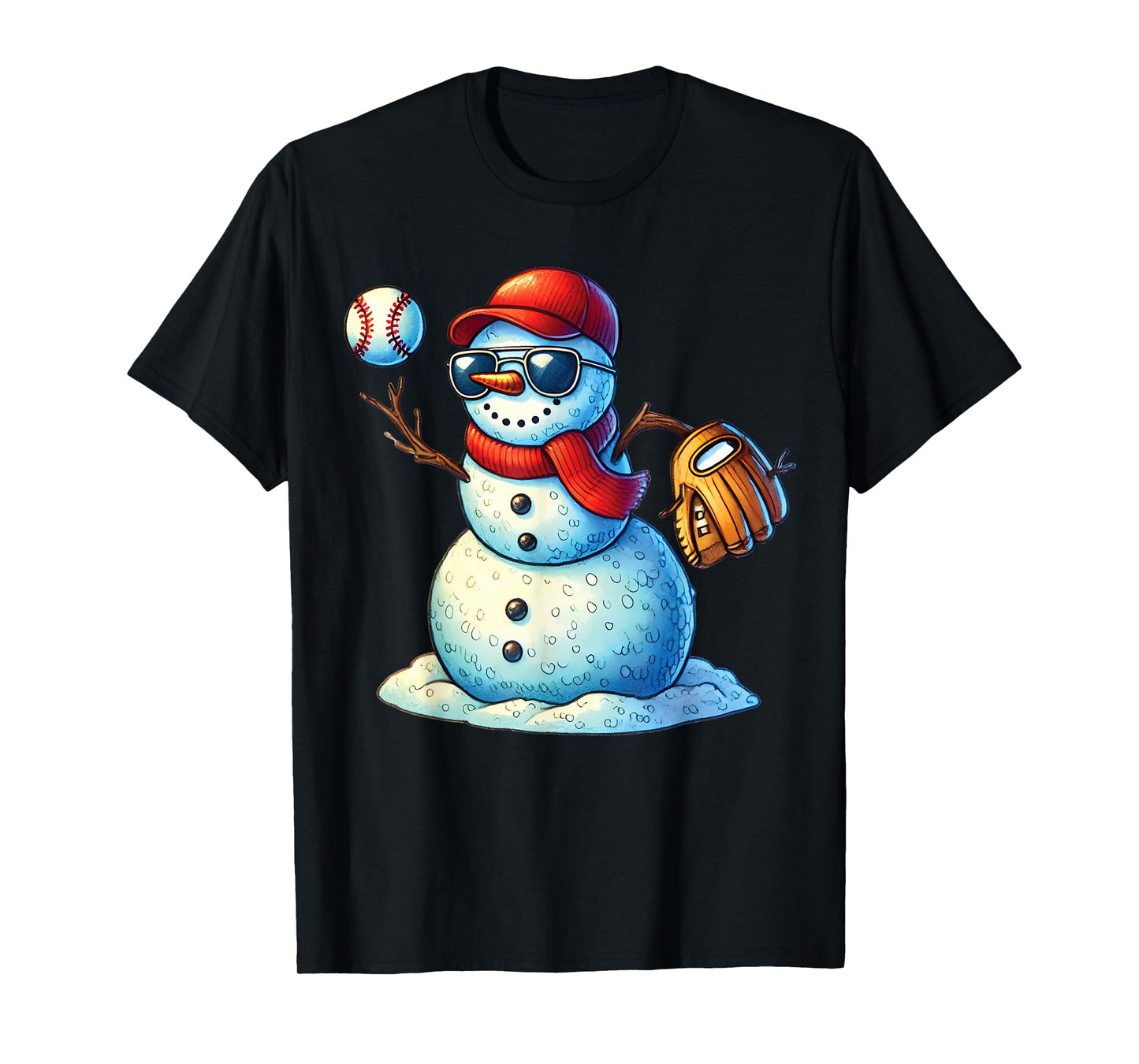 Snowman Playing Baseball as Pitcher Boys Teens Christmas T-Shirt
