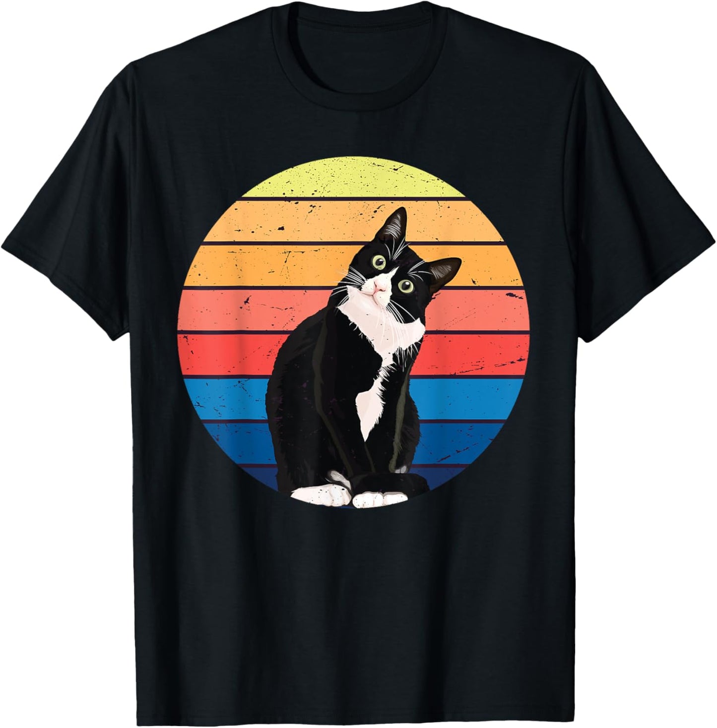 Tuxedo Cat Gift Retro Colors for Animal Lovers T-Shirt
