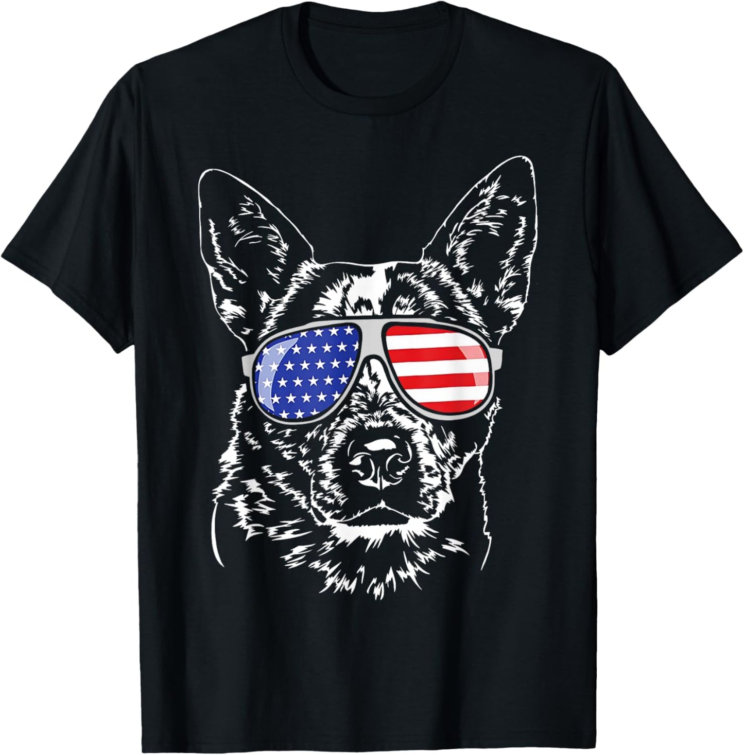 Blue Heeler Dog 4th of July American Flag Sunglasses T-Shirt