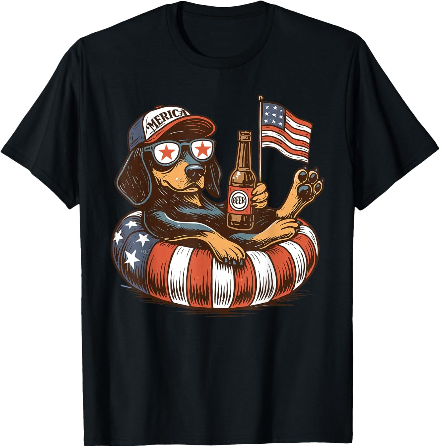 Funny USA Dachshund Beer Floatie 4th Of July America Flag T-Shirt