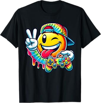 Groovy Tie Dye Gaming Boys 70s Retro Smile Peace Sign Gamer T-Shirt