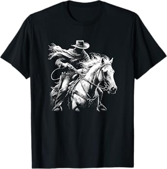 Cowboy Outlaw Bandit on Horse, Dark Western Style Black T-Shirt