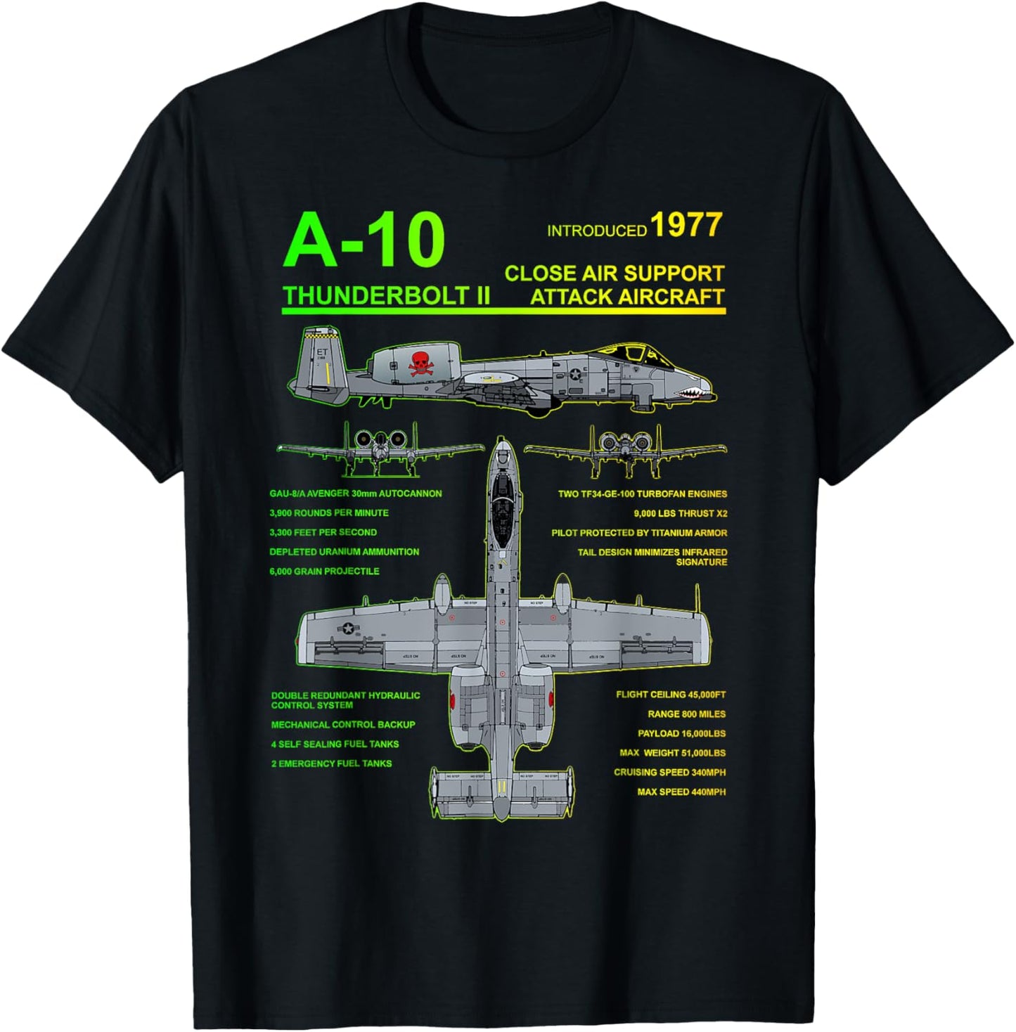 Dinosaurus Rekx A-10 Thunderbolt II Warthog Military Jet Blueprint T-Shirt - Unisex-Adults, Black, Small