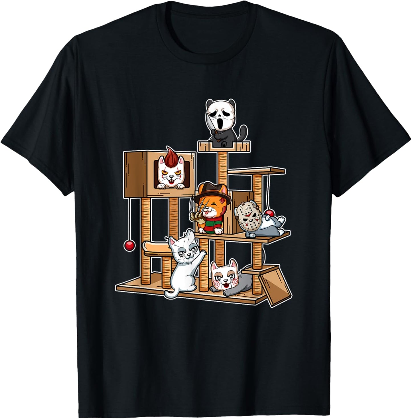 Funny Horror Movie Kitten Playing On Cat Tree T-Shirt