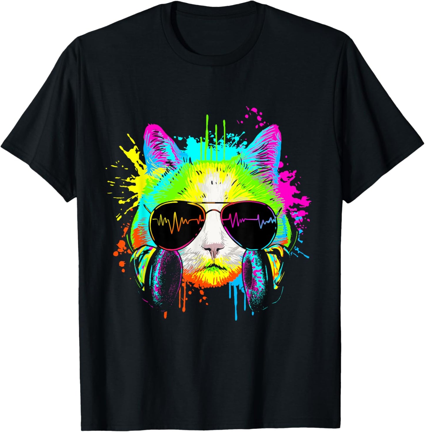Funny Kitten Colourful Rainbow Rave Music DJ Cat T-Shirt