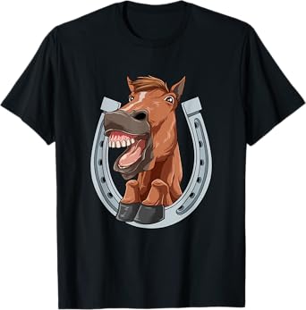 Horse Laughs and Shows Teeth with Horseshoe T-Shirt