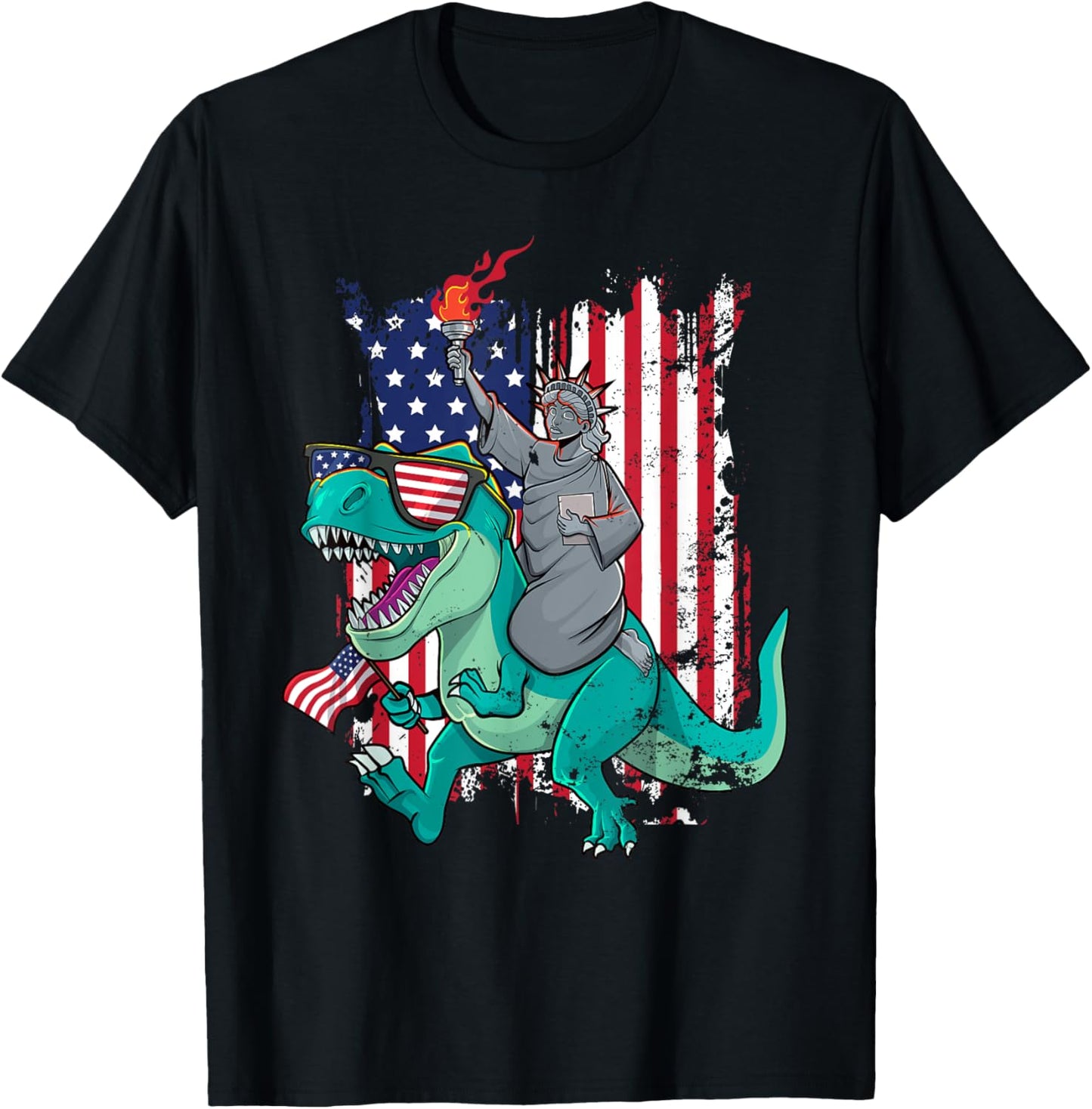 Fourth of July Funny Statue of Liberty Riding Dinosaur T-Rex T-Shirt