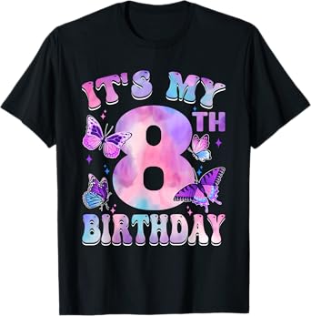 It's My 8th Birthday Butterfly Theme 8 Year Old Party Girl T-Shirt