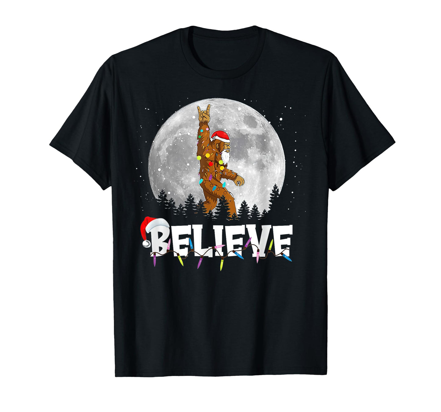 Santa Bigfoot Christmas Light Funny Sasquatch Believe Xmas T-Shirt