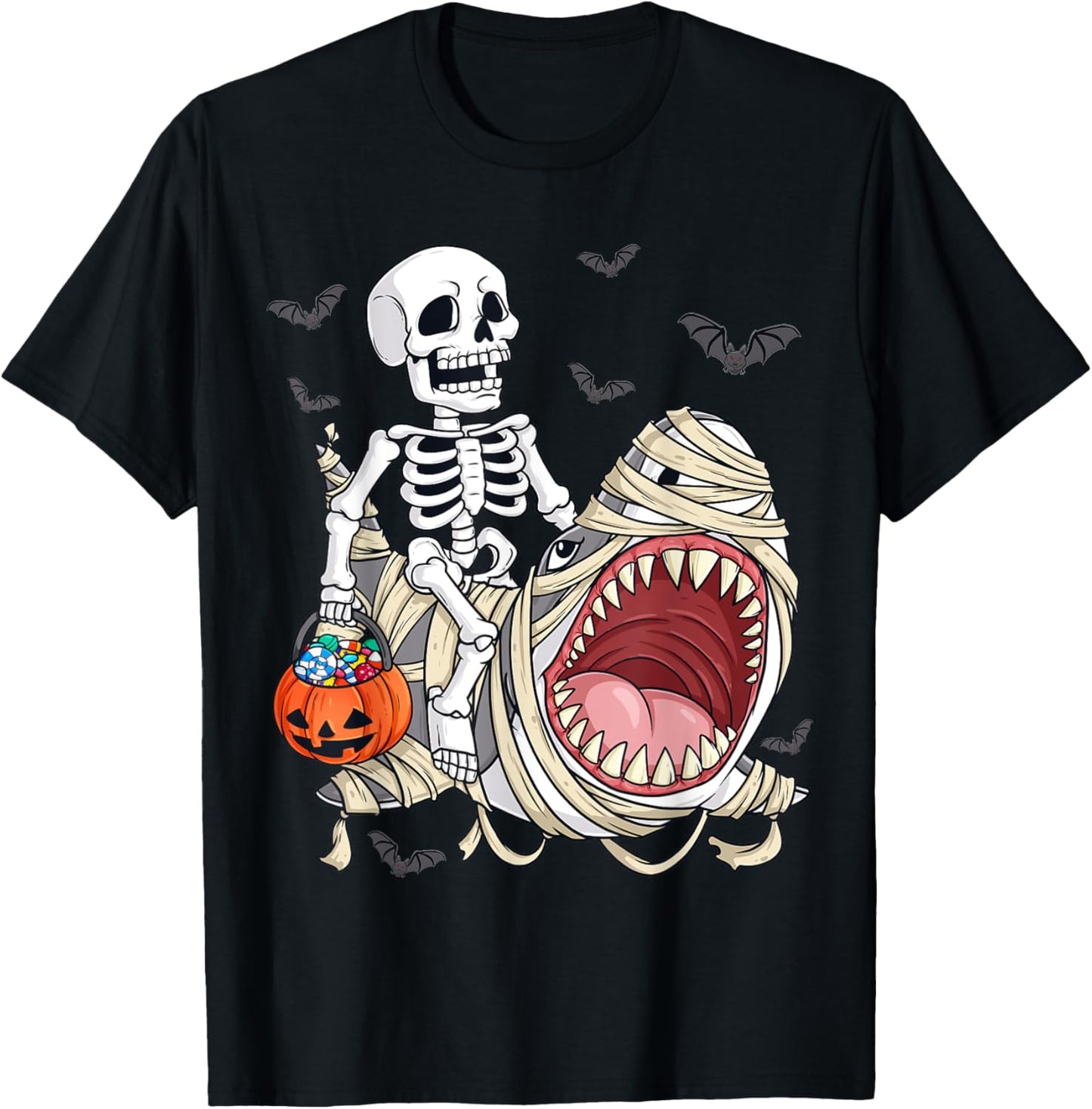 Skeleton Riding Mummy Shark Funny Halloween Pumpkin Kids T-Shirt