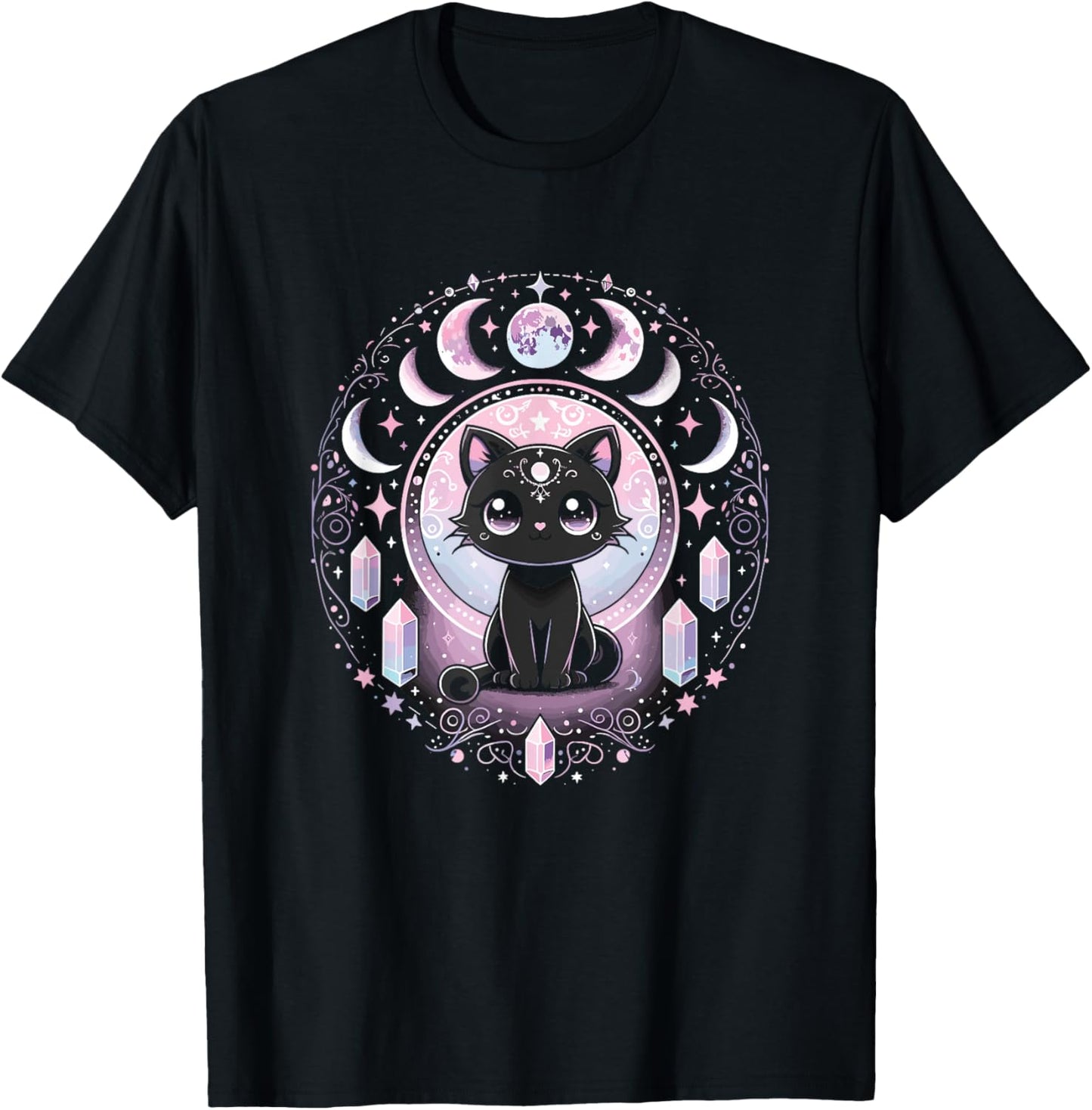 Moon Phases Crystal Witchy Cute Black Cat Kawaii Pastel Goth T-Shirt