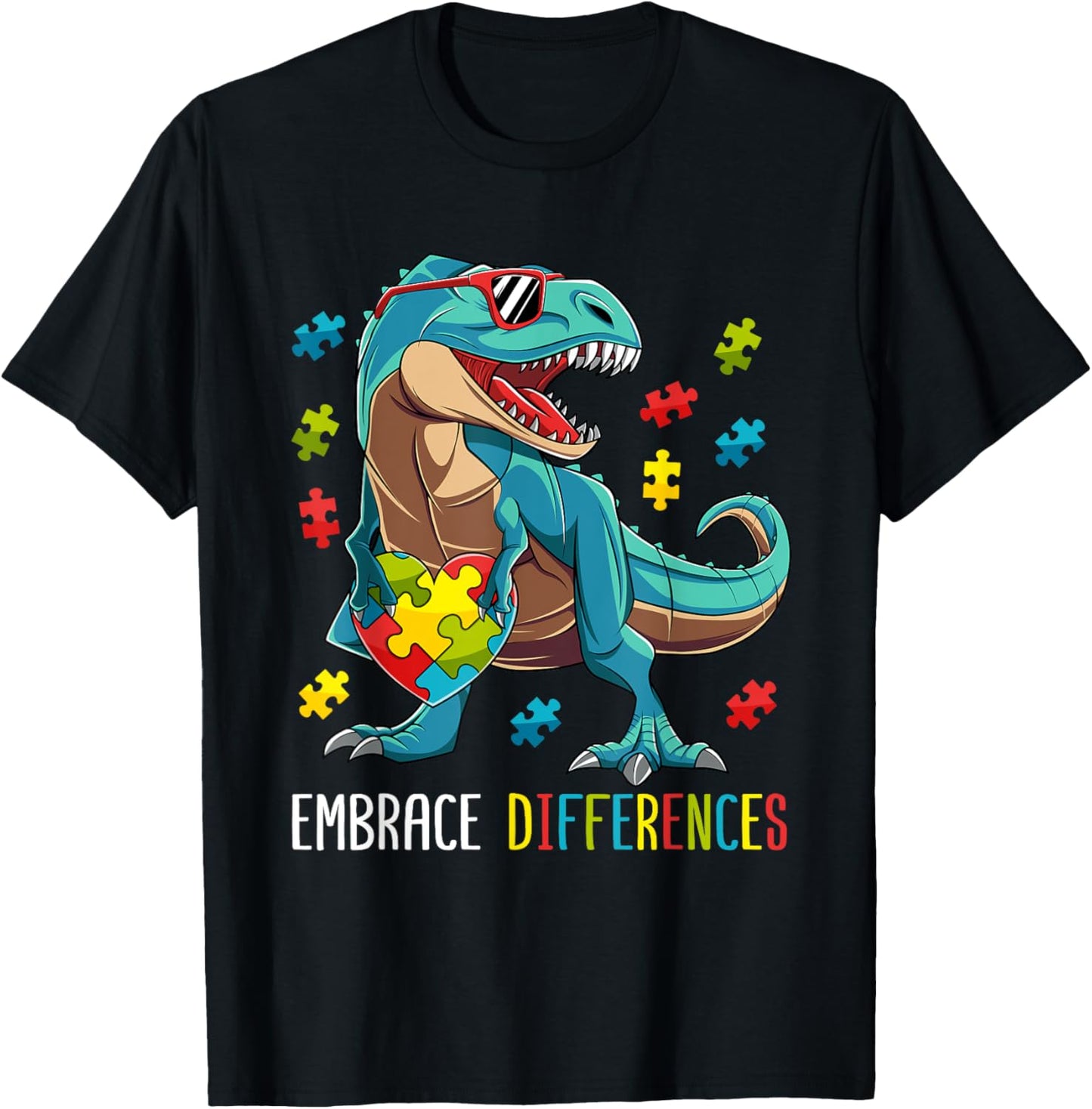 Autism Awareness T-Rex Embrace Differences Dinosaur T-Shirt