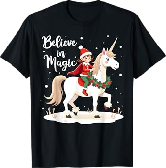 Believe in Magic Christmas Elf Riding Festive Unicorn T-Shirt