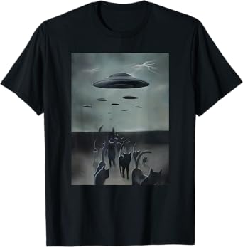 Cats Invasion With Alien UFO Funny Cats For Men Women Kid T-Shirt, Small, Black
