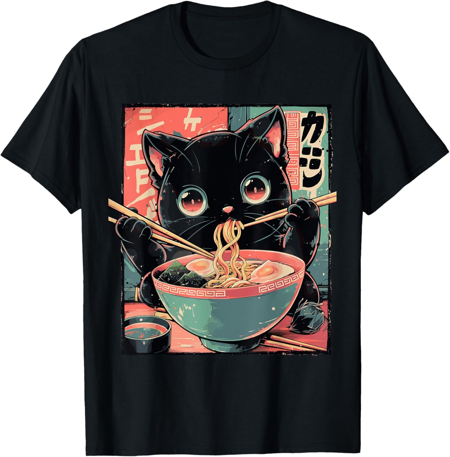 Cute Cat Eating Ramen Anime Japanese Culture T-Shirt