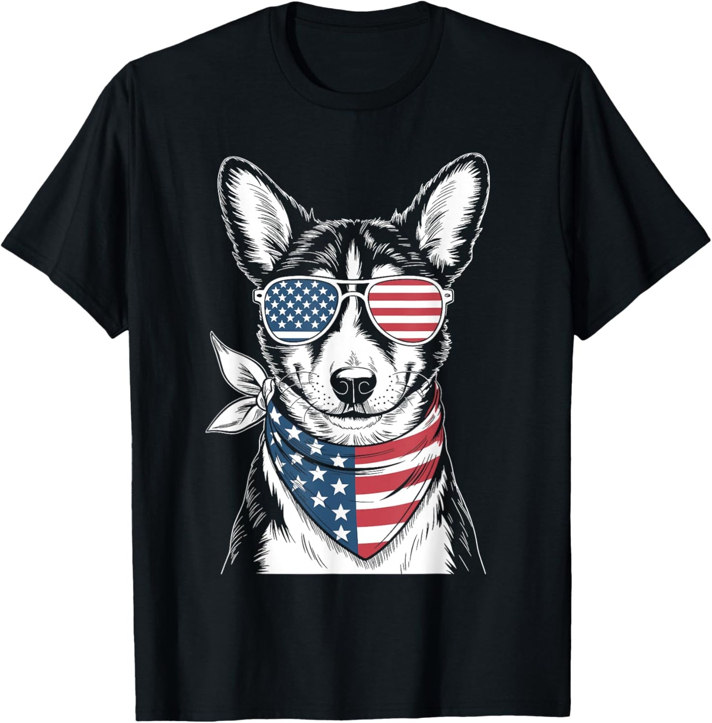 Basenji Dog USA Flag Sunglasses Patriotic 4th of July T-Shirt