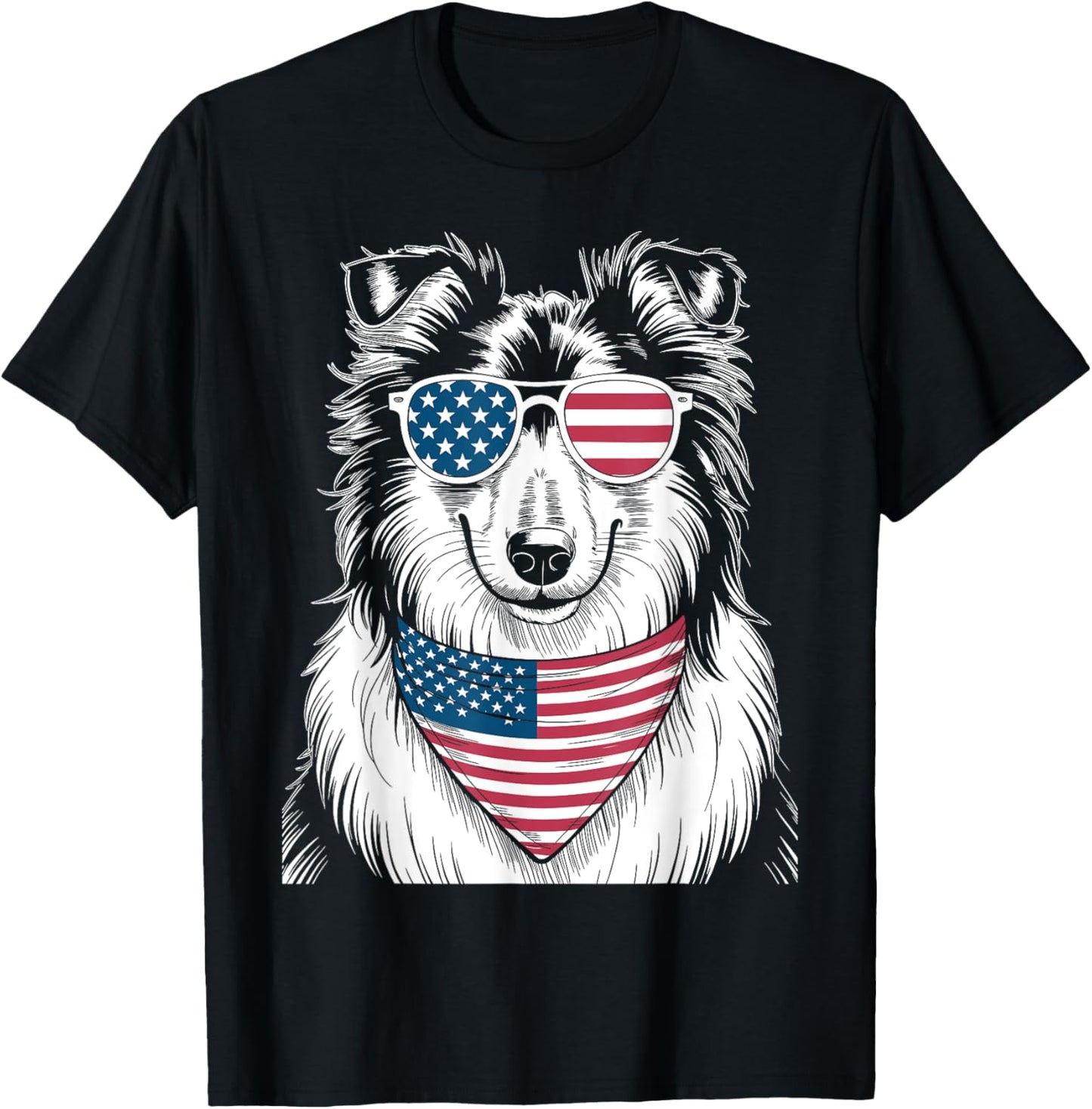 Rough Collie Dog USA Flag Sunglasses Patriotic 4th of July T-Shirt