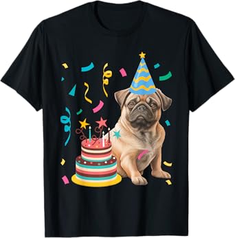 Funny Pug Shirts Pug Birthday Celebration Unisex-Adults & Older Children - Dog Lovers (Pug Lovers) Black T-Shirt Small