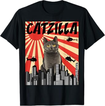 Funny Retro Japanese Catzilla Chartreux Cat T-Shirt for Men Women