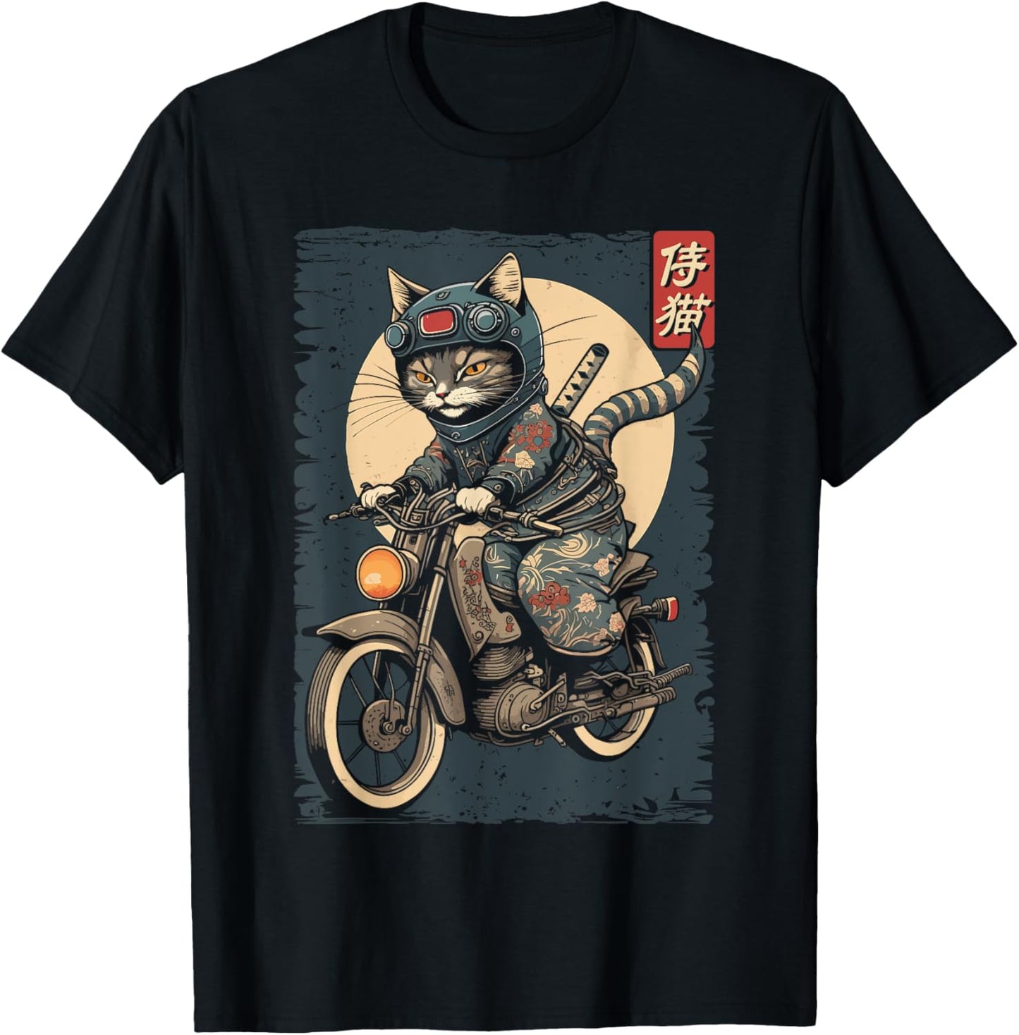 Japanese Samurai Cat on Motorcycle Kawaii Ninja Cat T-Shirt