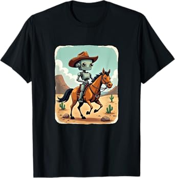 Funny Robot Cowboy Riding Horse Futuristic Western Theme T-Shirt
