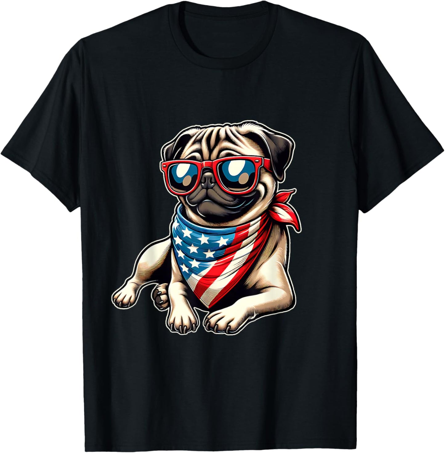 Pug with Bandana Sunglasses 4th of July US Dog American Flag T-Shirt