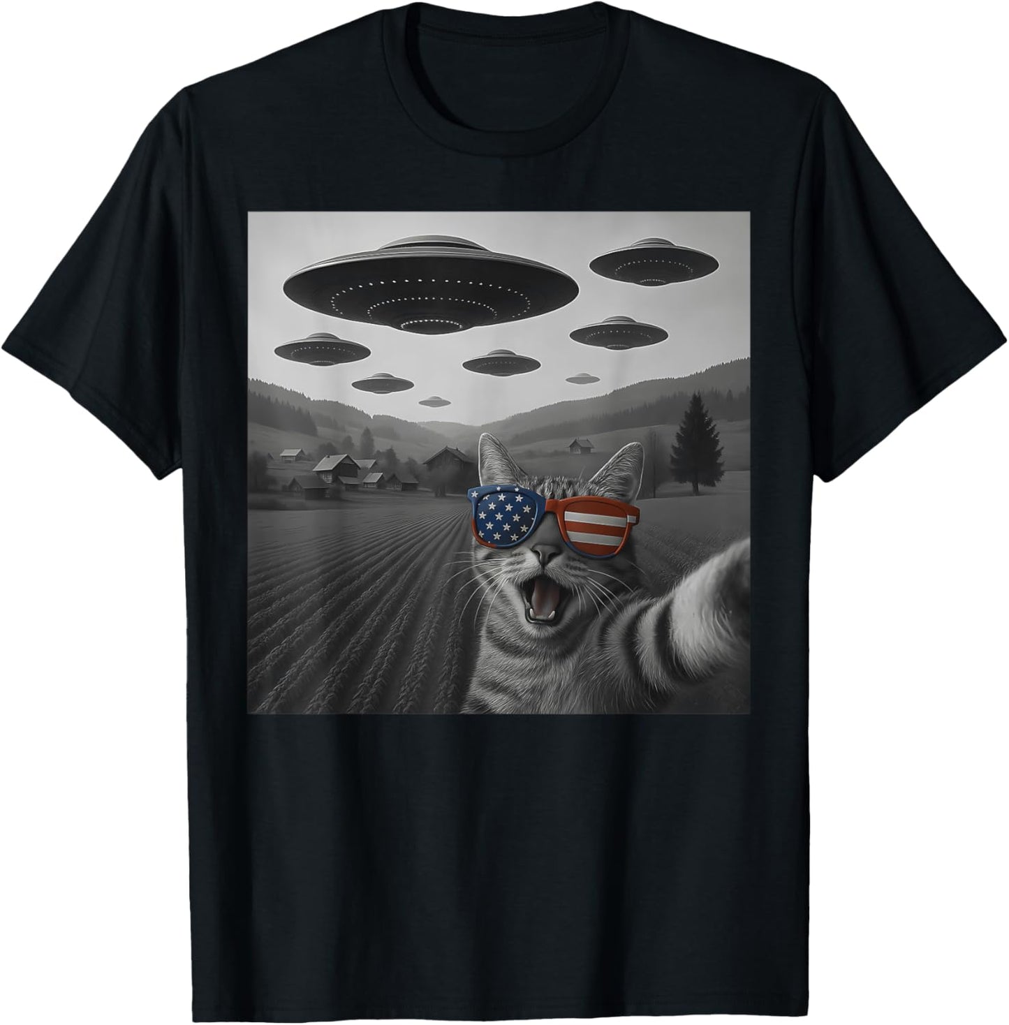 4th Of July Cat Selfie With Alien UFO USA Flag Sunglasses T-Shirt