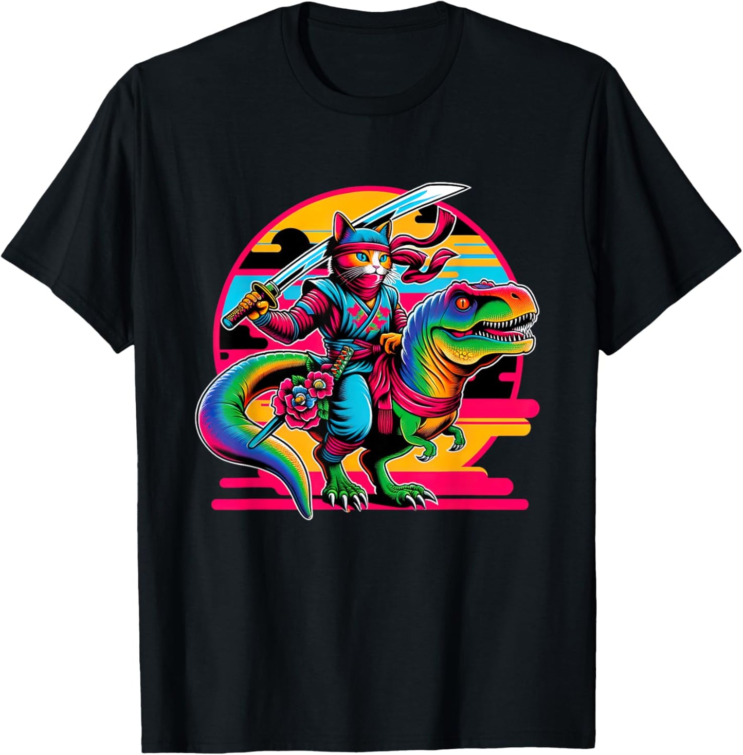 Funny Ninja Cat Riding T-Rex Dinosaur For Toddler Kid Boy T-Shirt