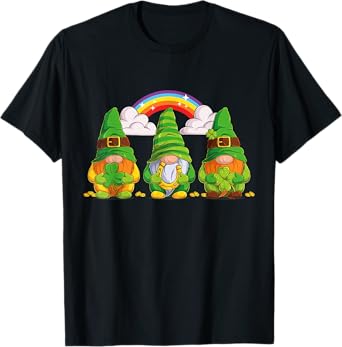 Lucky Gnomes Holding Shamrock Clover And Horseshoe Rainbow T-Shirt