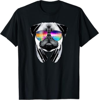 Trippy Pug Dog Wearing Music Equalizer Sunglasses T-Shirt T-Shirt for Men Women Girls Kids