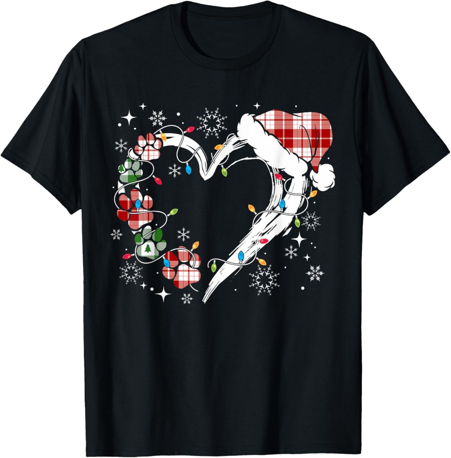 Dog Paw Print Heart Santa Hat Christmas Lights Animal Lover T-Shirt