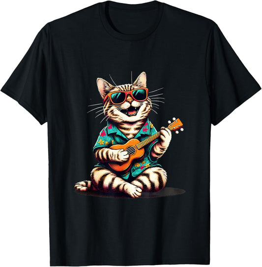 Cat Wearing a Hawaiian Shirt, Playing a Ukulele T-Shirt