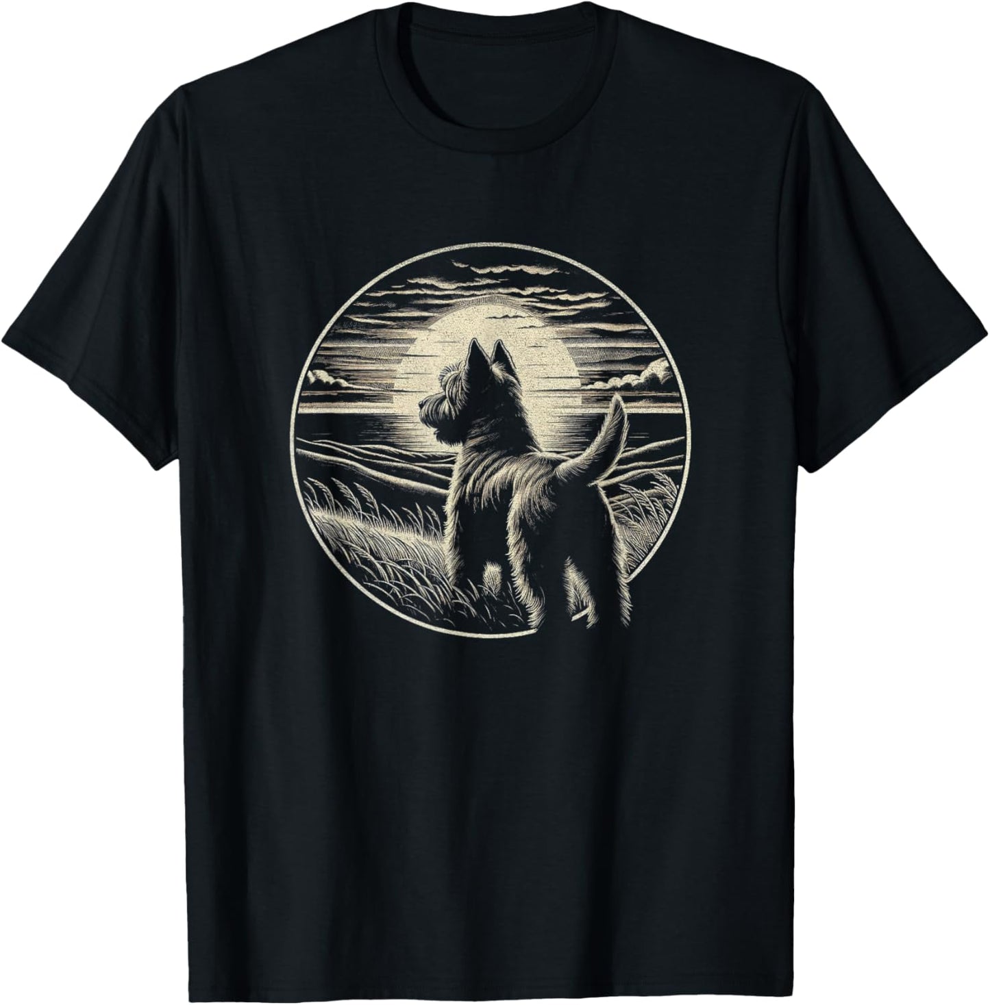 Vintage Cairn Terrier Dog Retro Sunset Scene Art Design T-Shirt