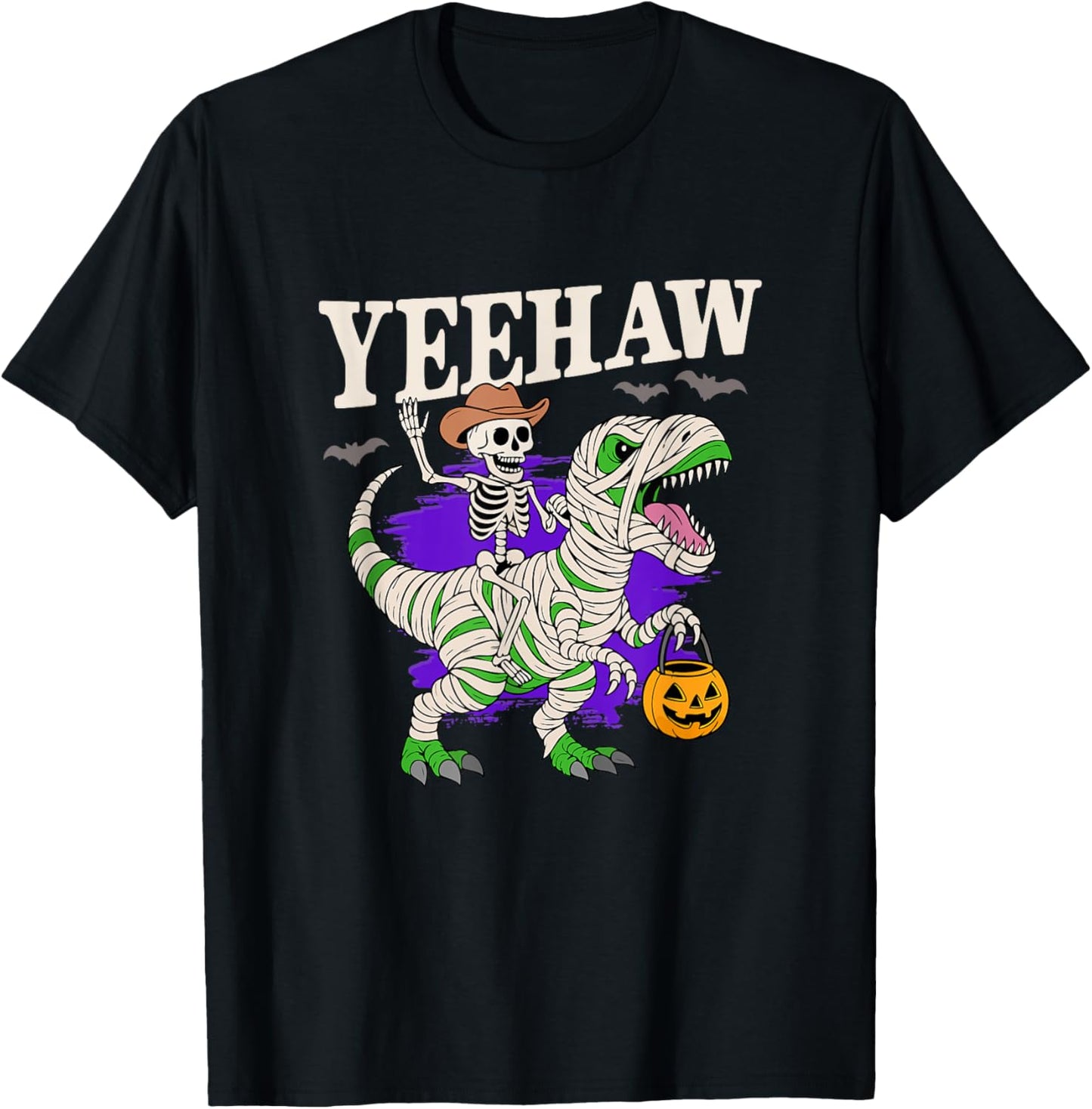 Skeleton on Dino with Pumpkin Funny Spooky Costume T-Shirt